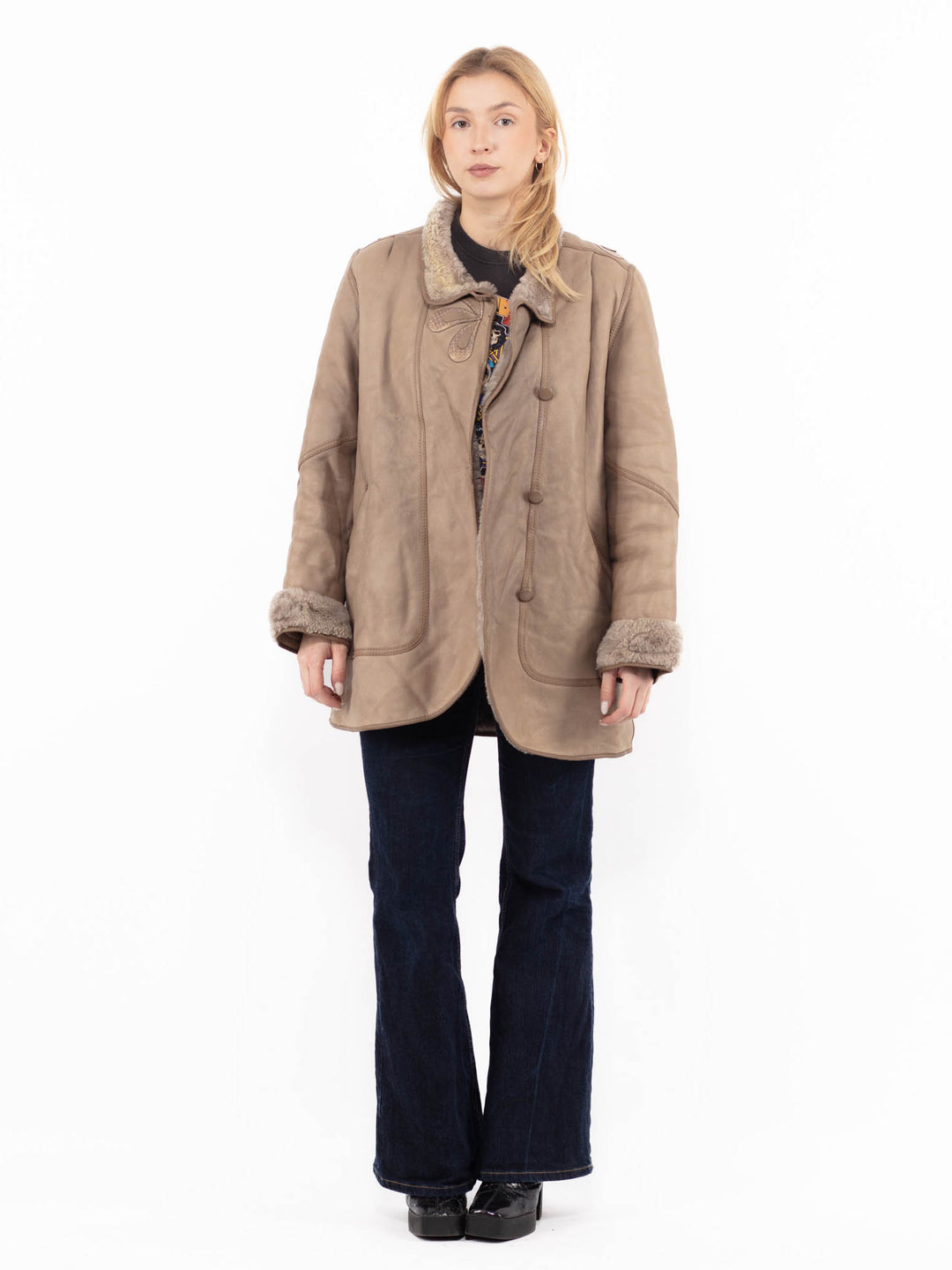 Vintage 80's Women Sheepskin Coat in Beige