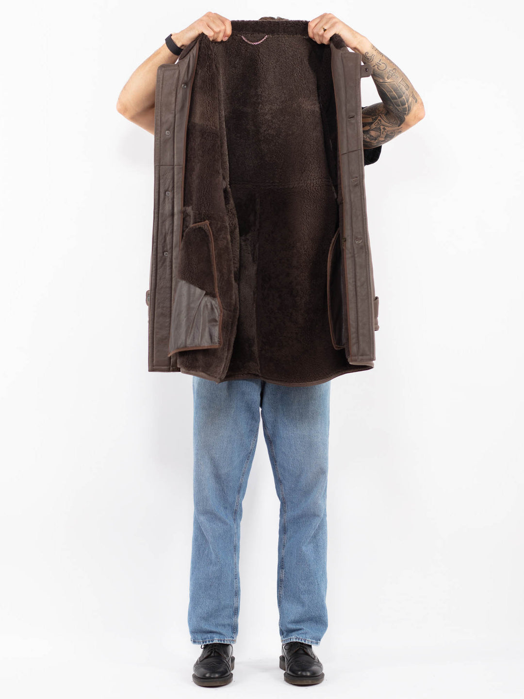 Vintage 80's Men Sheepskin Coat in Gray Brown