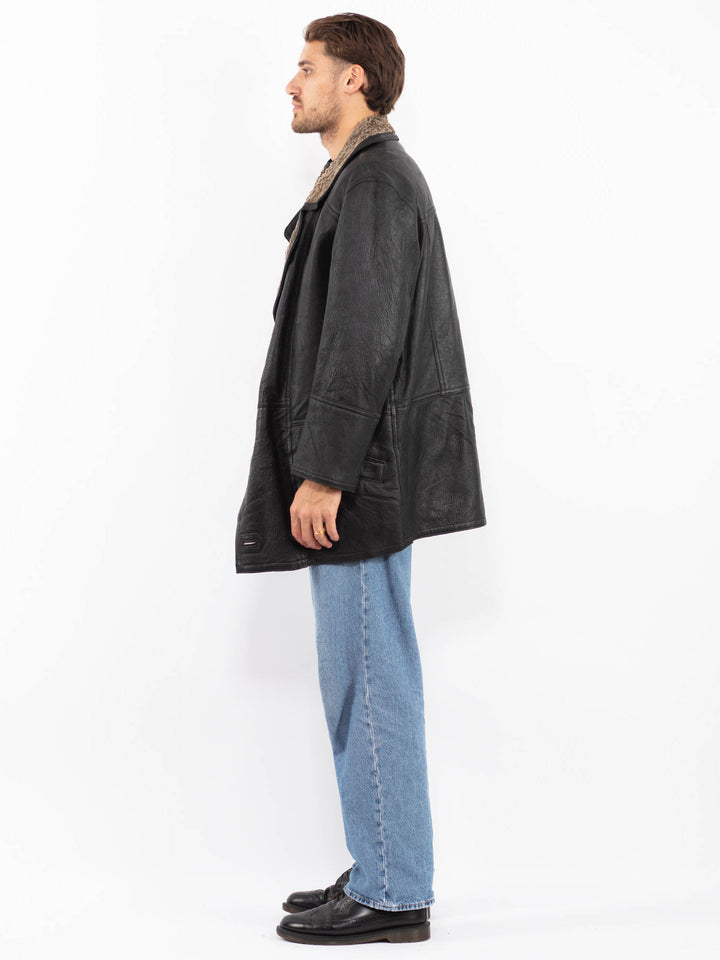 Vintage 90's Men Sheepskin Coat in Black