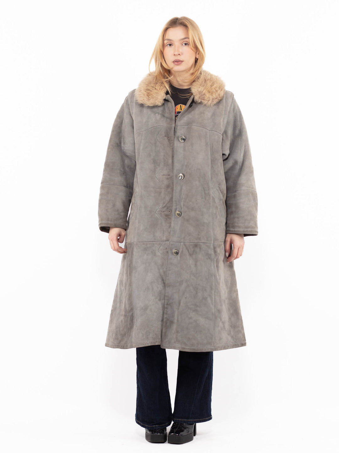Vintage 90's Women Sheepskin Coat in Gray
