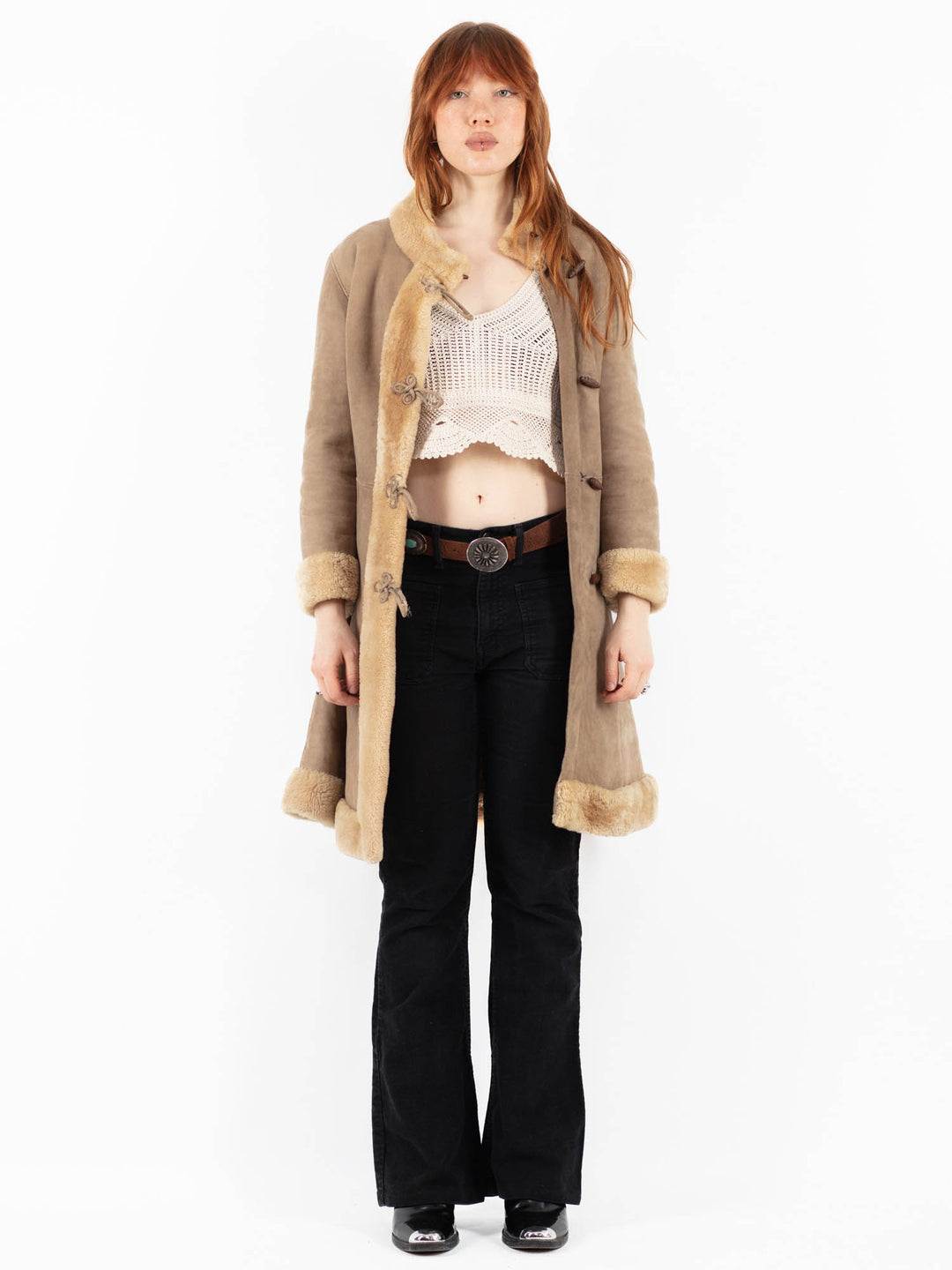 Vintage 70's Women Sheepskin Shearling Coat in Beige