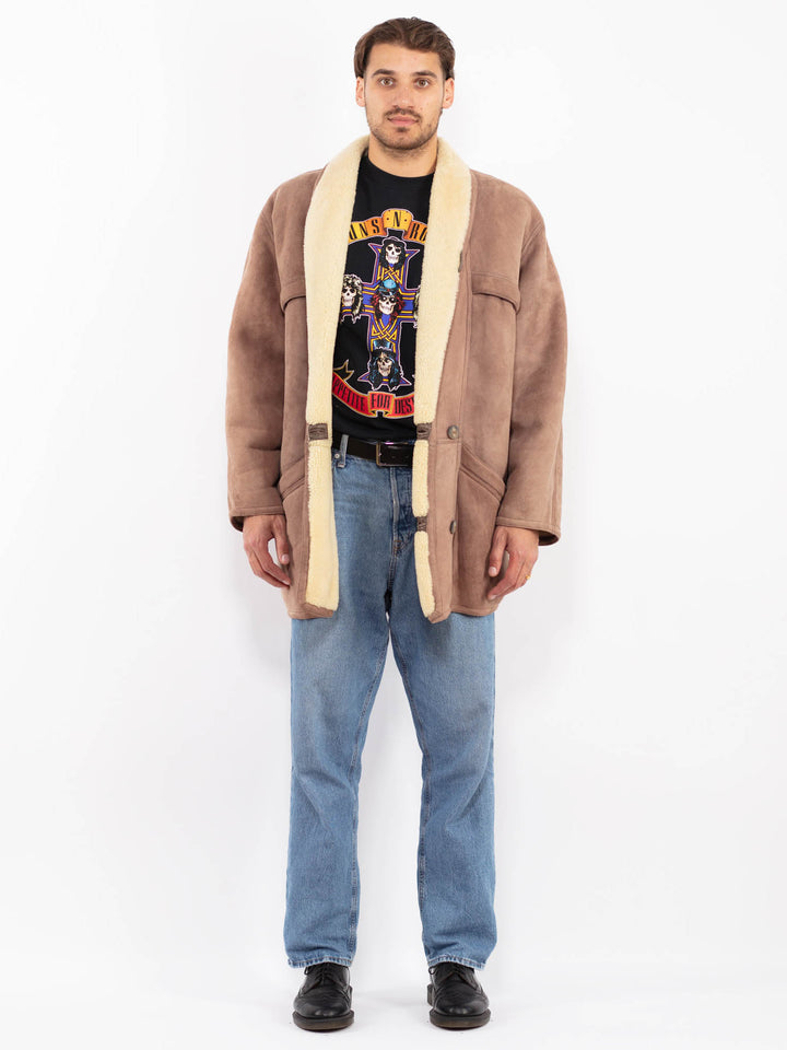 Vintage 80's Men Sheepskin Shearling Coat in Brown