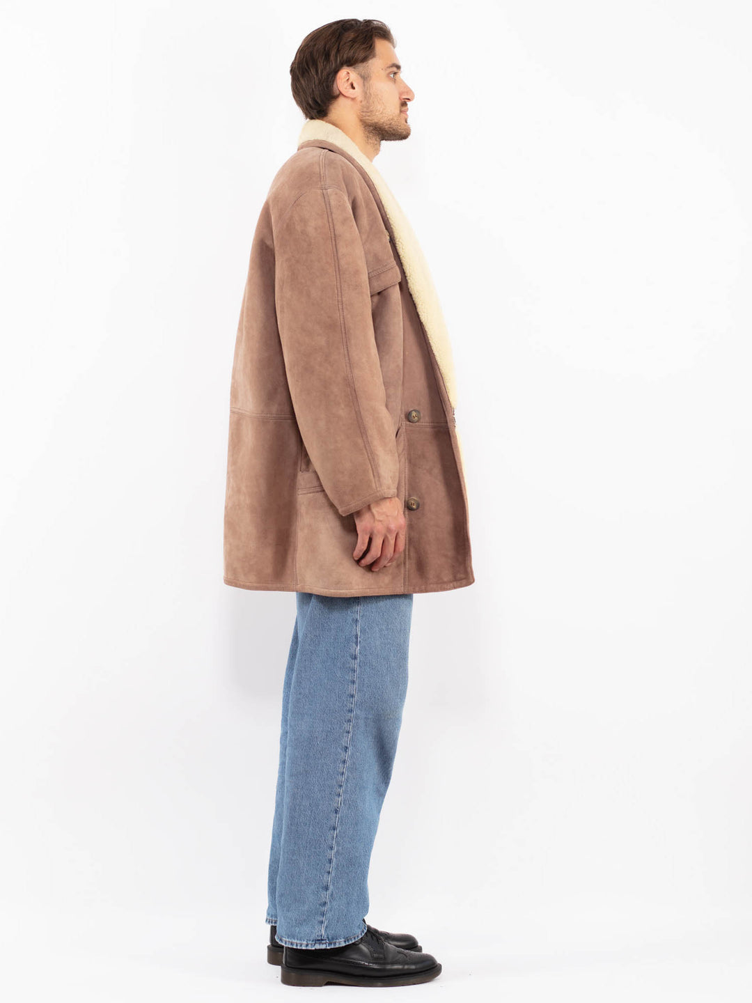 Vintage 80's Men Sheepskin Shearling Coat in Brown