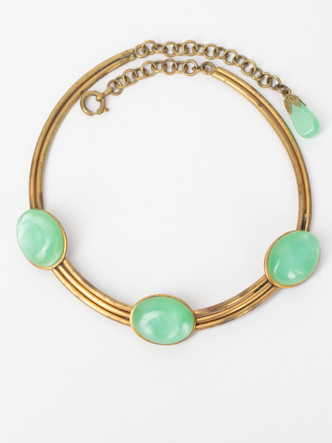 Vintage 50's Gold-Tone Green Glass Cabochon Necklace