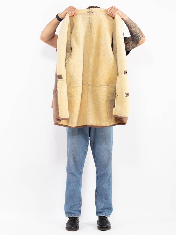 Vintage 80's Men Sheepskin Shearling Coat in Brown