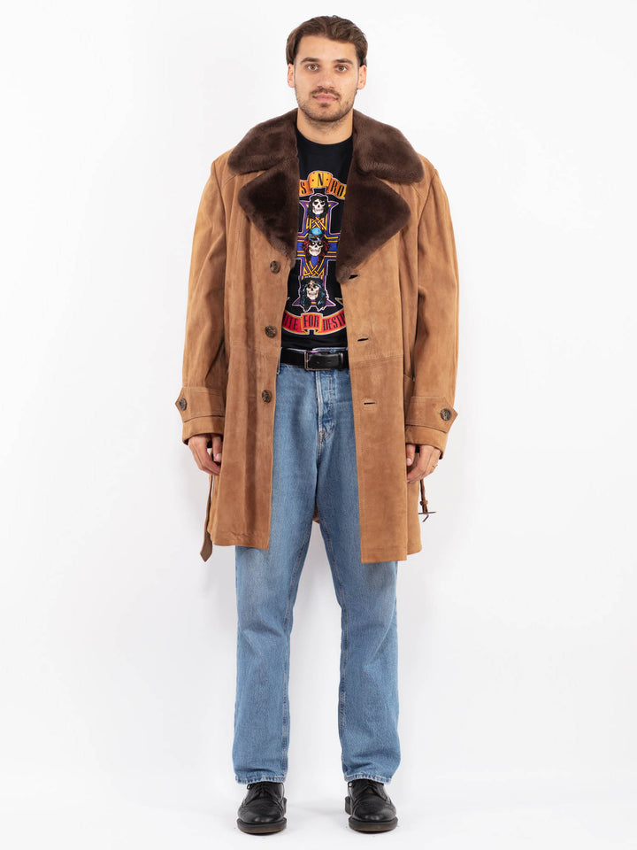 Vintage 70's Men Belted Suede Sherpa Coat in Brown