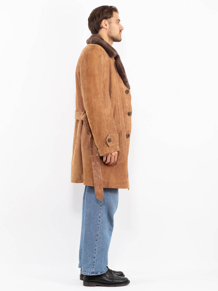 Vintage 70's Men Belted Suede Sherpa Coat in Brown