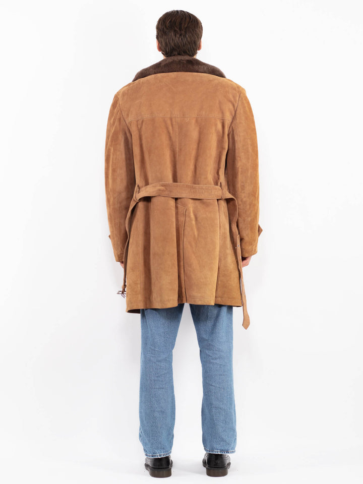 Vintage 70's Men Belted Suede Sherpa Coat in Brown