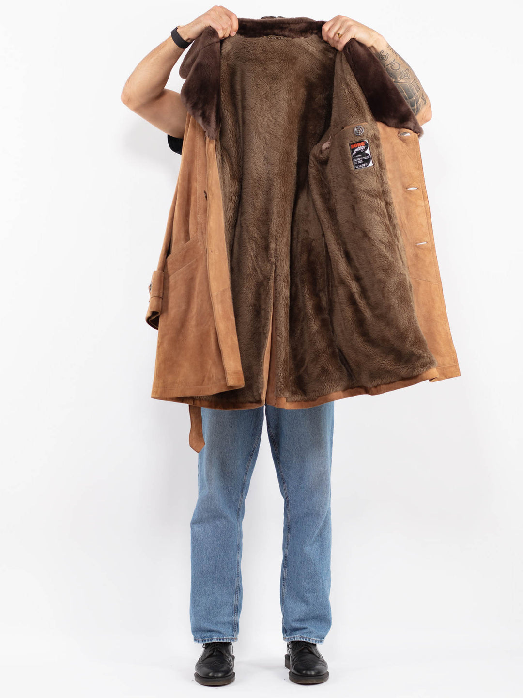 Vintage 70's Men Belted Suede Sherpa Coat in Brown