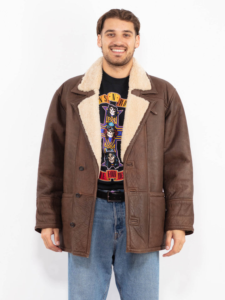 Vintage 80's Men Sheepskin Leather Coat in Brown