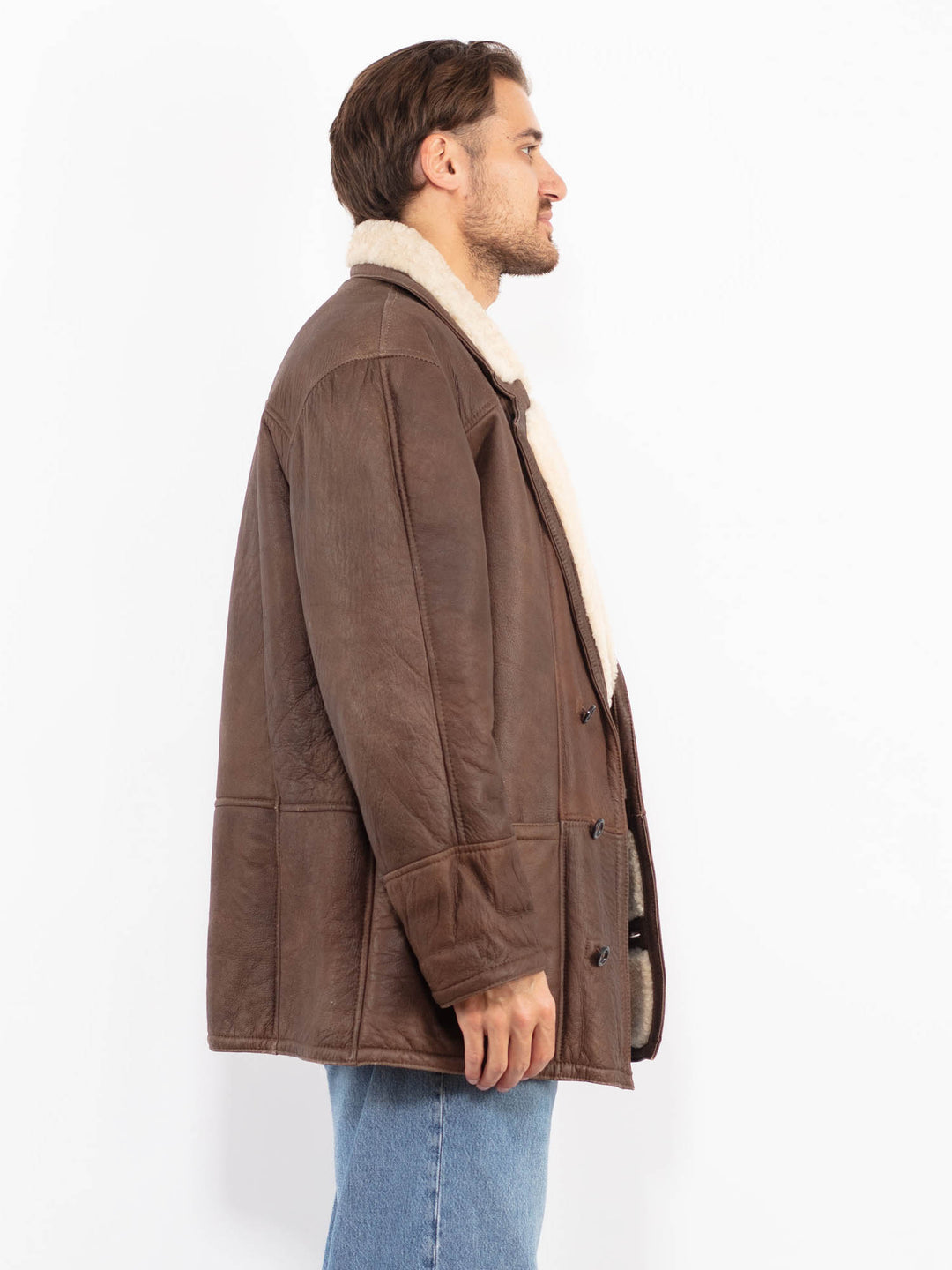 Vintage 80's Men Sheepskin Leather Coat in Brown
