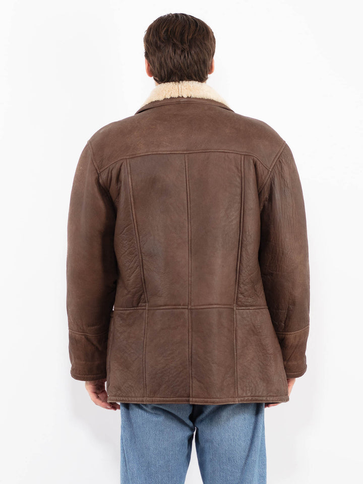 Vintage 80's Men Sheepskin Leather Coat in Brown