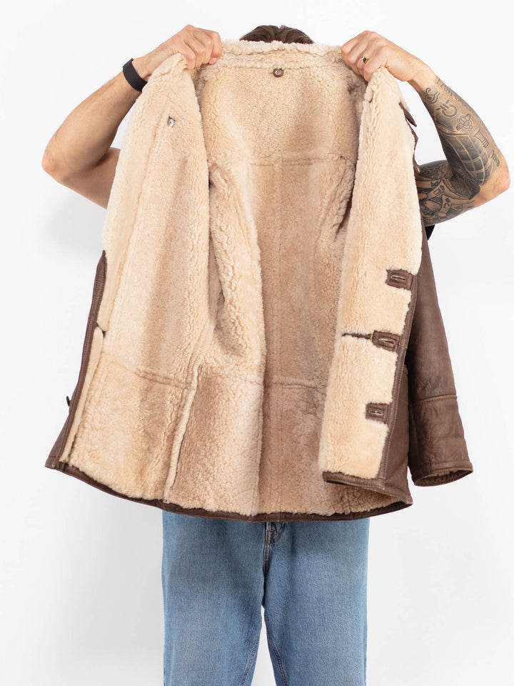 Vintage 80's Men Sheepskin Leather Coat in Brown