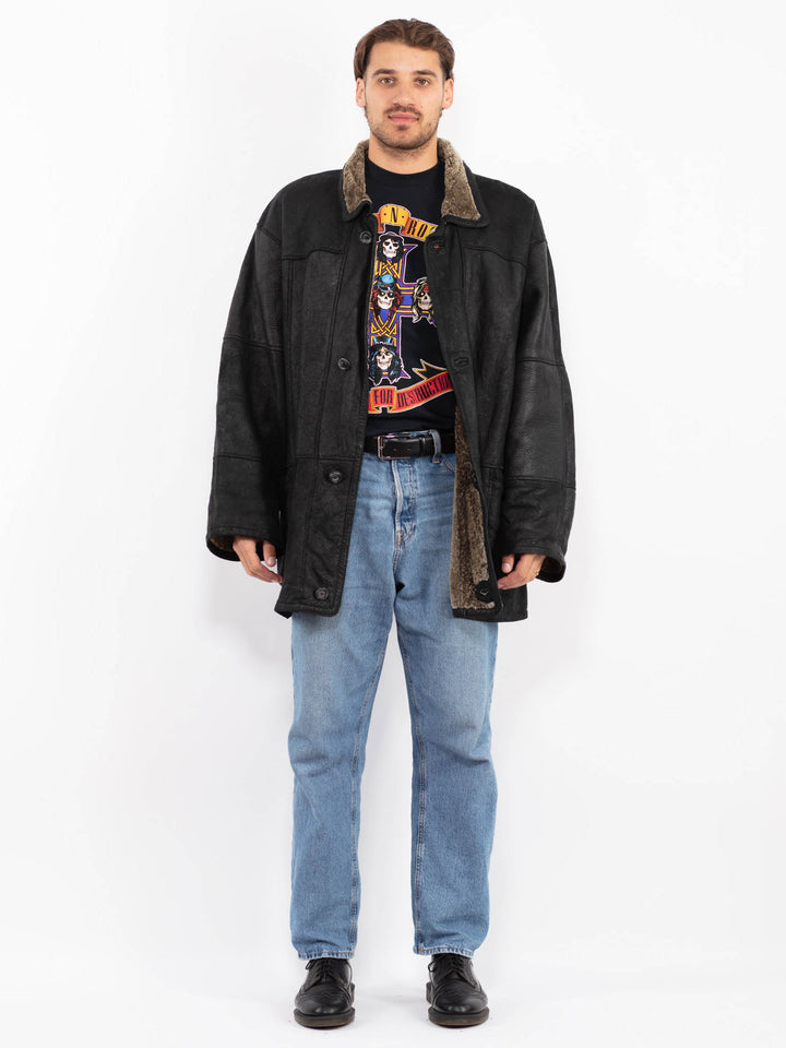 Vintage 90's Men Sheepskin Coat in Black