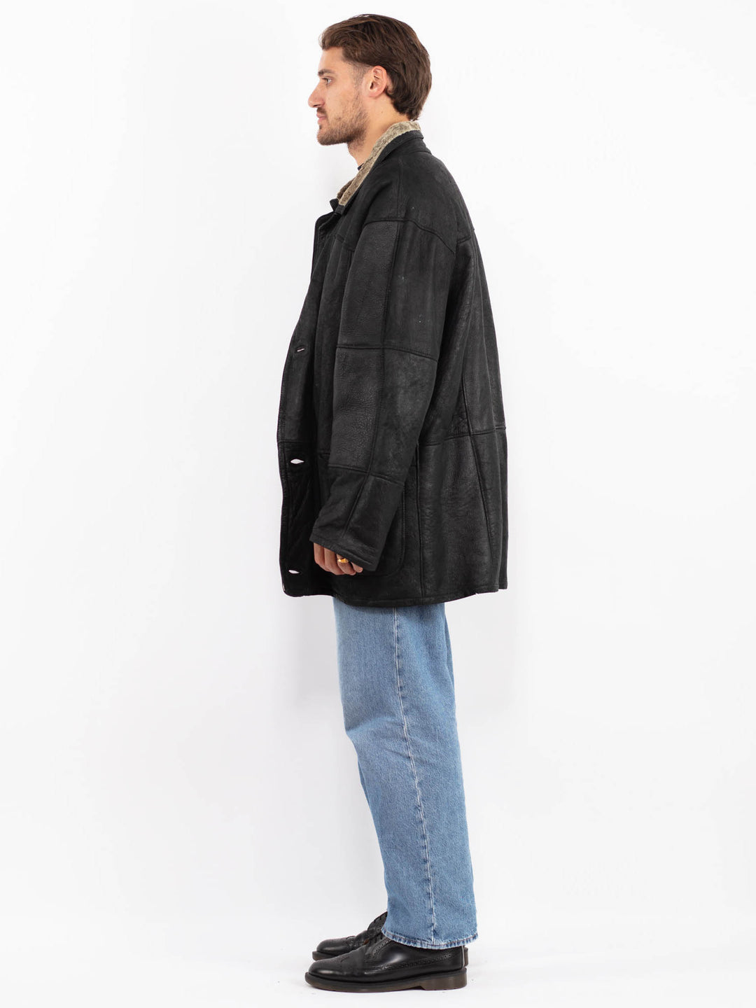 Vintage 90's Men Sheepskin Coat in Black