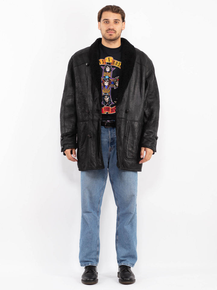 Vintage 80's Men Oversized Sheepskin Coat in Black