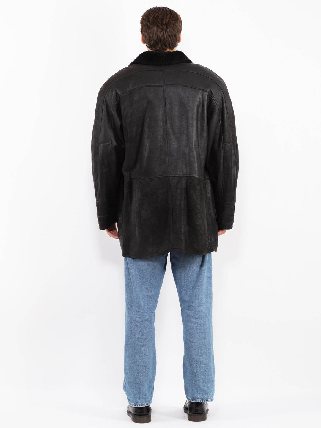 Vintage 80's Men Oversized Sheepskin Coat in Black