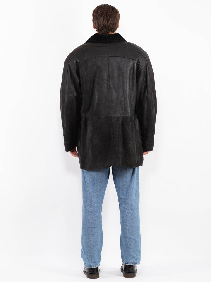 Vintage 80's Men Oversized Sheepskin Coat in Black