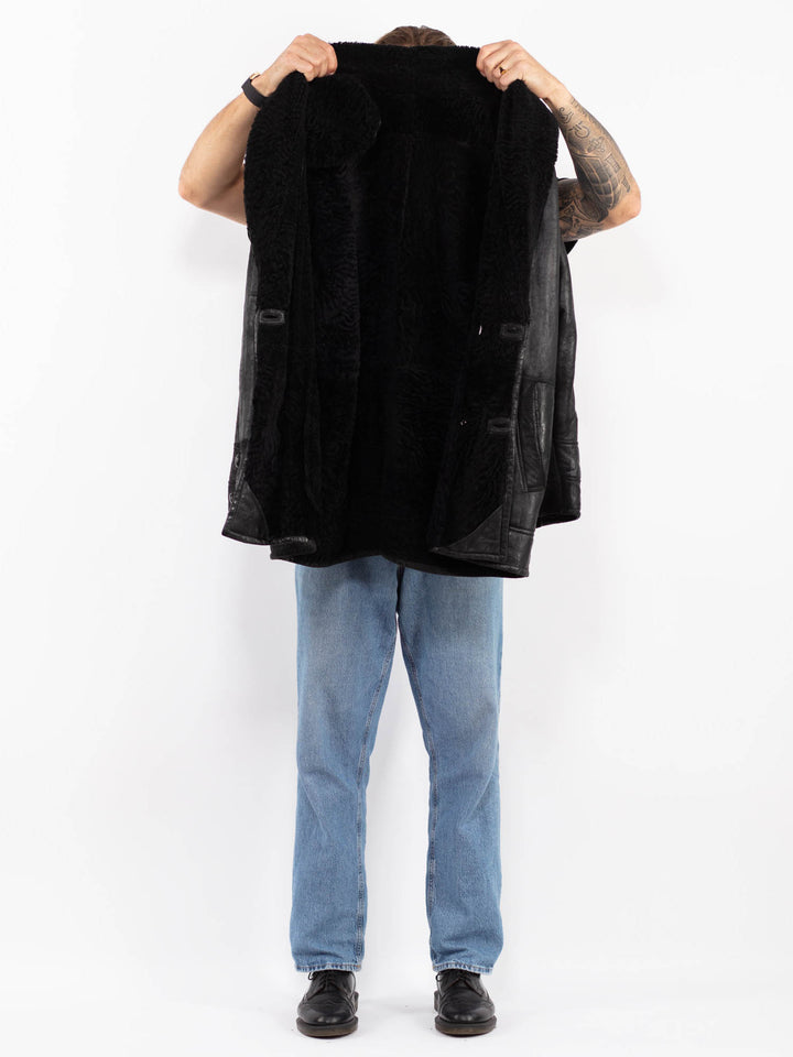 Vintage 80's Men Oversized Sheepskin Coat in Black