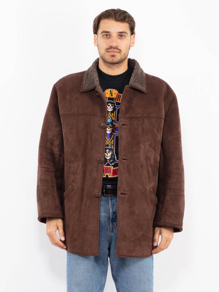 Vintage 90's Men Faux Sheepskin Coat in Brown