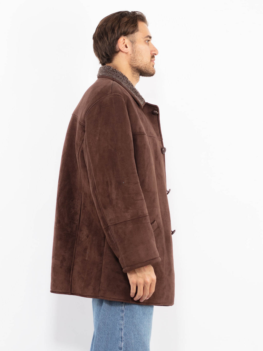 Vintage 90's Men Faux Sheepskin Coat in Brown