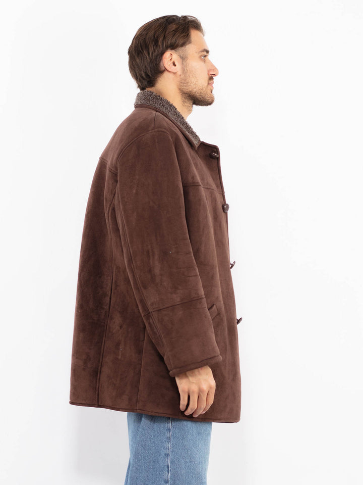 Vintage 90's Men Faux Sheepskin Coat in Brown