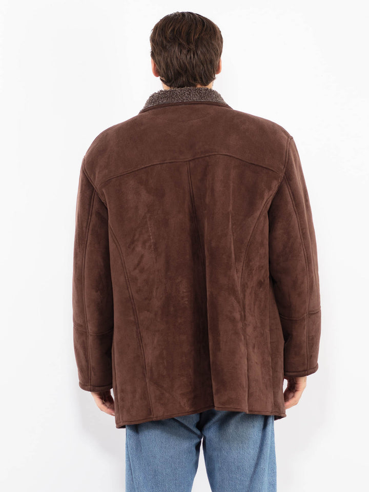 Vintage 90's Men Faux Sheepskin Coat in Brown