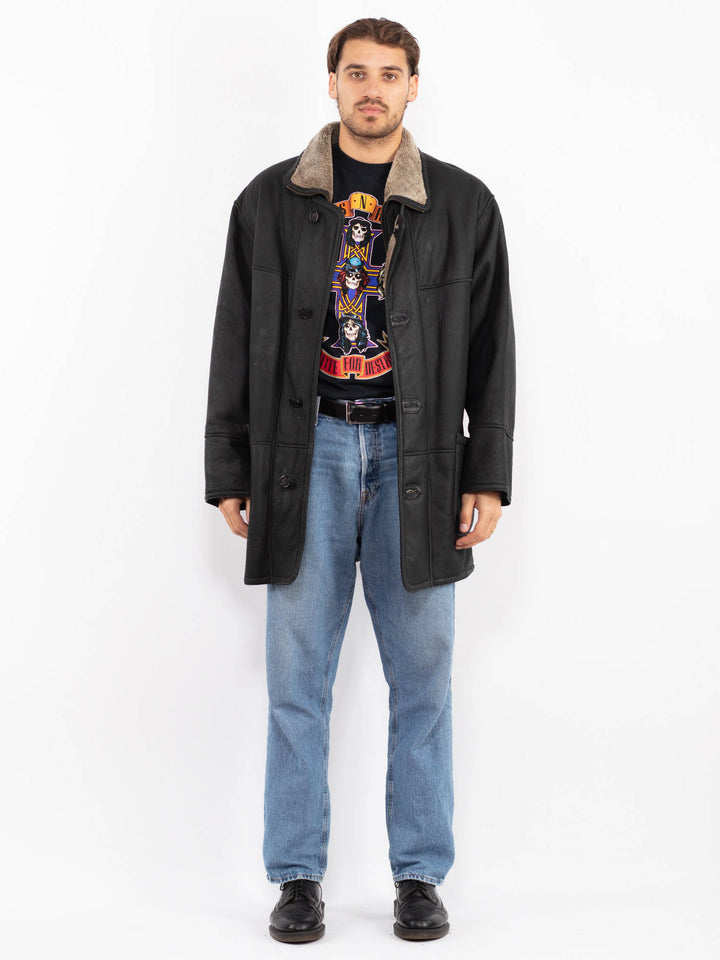 Vintage 90's Men Sheepskin Coat in Black