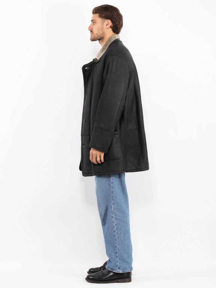Vintage 90's Men Sheepskin Coat in Black