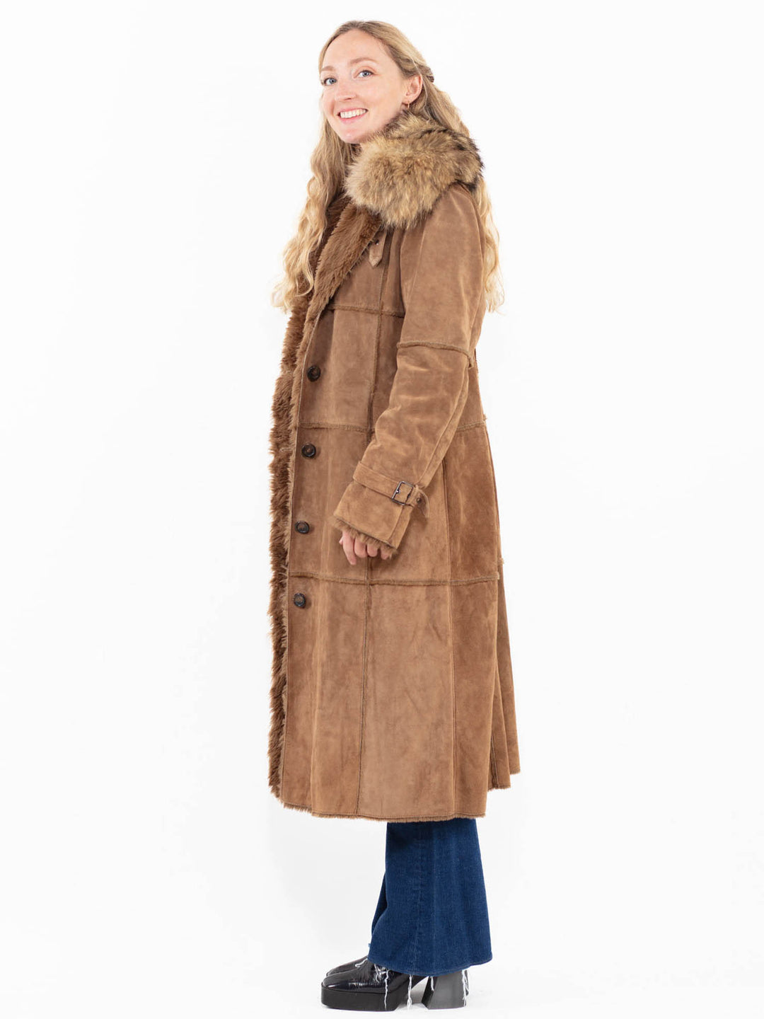 Vintage 00's Women Suede Sherpa Coat in Beige