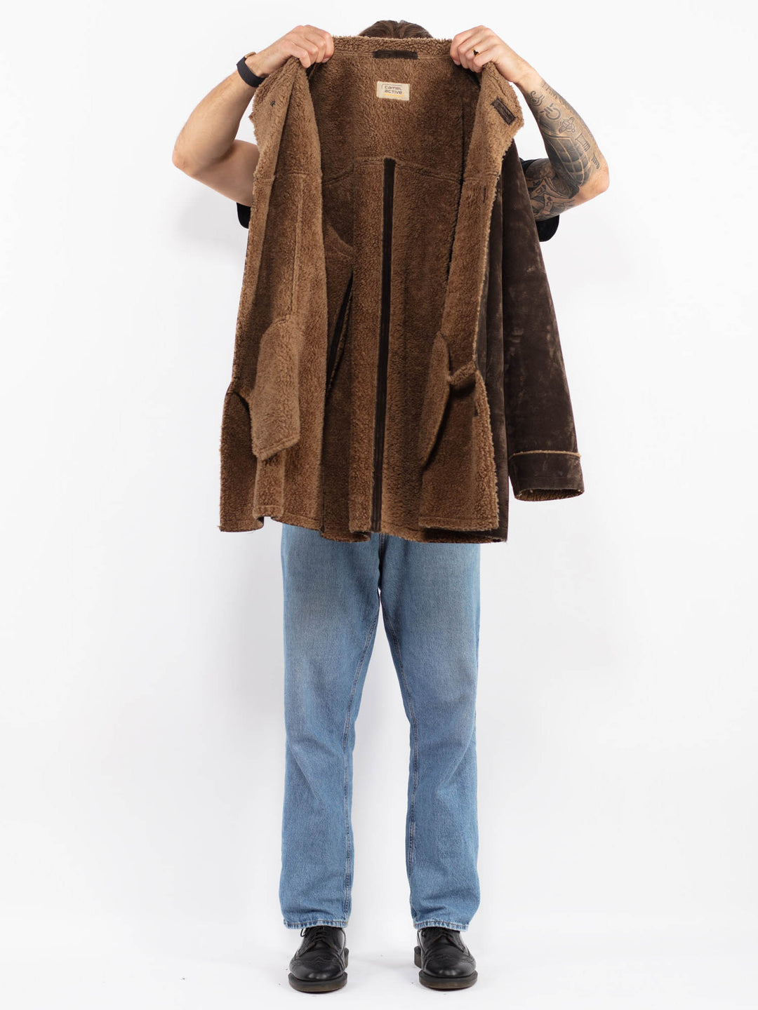 Vintage 90's Men Faux Sheepskin Coat in Brown