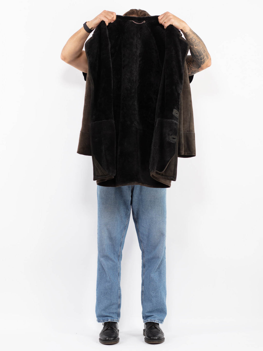 Vintage 80's Men Sheepskin Coat in Gray