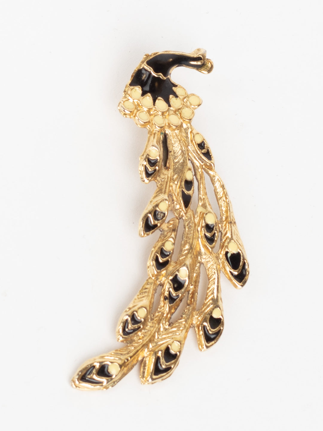 Vintage 80s Peacock Feather Brooch with Black and Cream Enamel