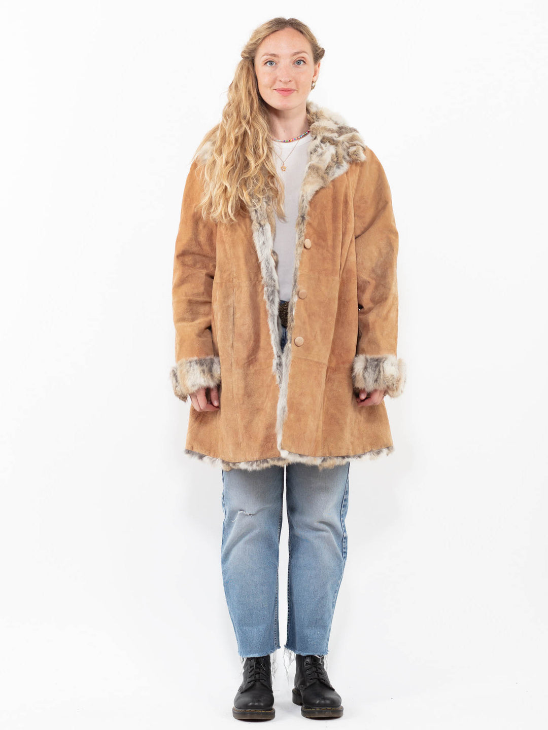 Vintage 80's Women Suede Coat in Beige