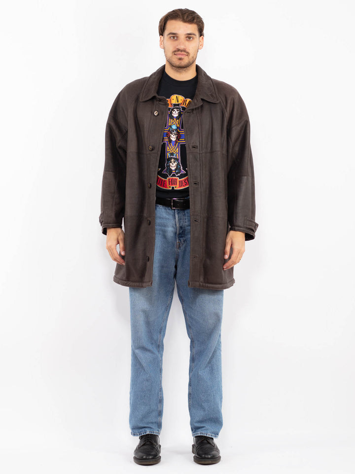 Vintage 80's Men Sheepskin Leather Coat in Brown