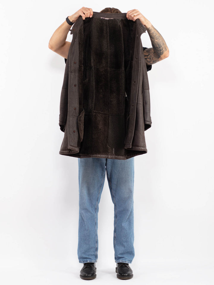 Vintage 80's Men Sheepskin Leather Coat in Brown