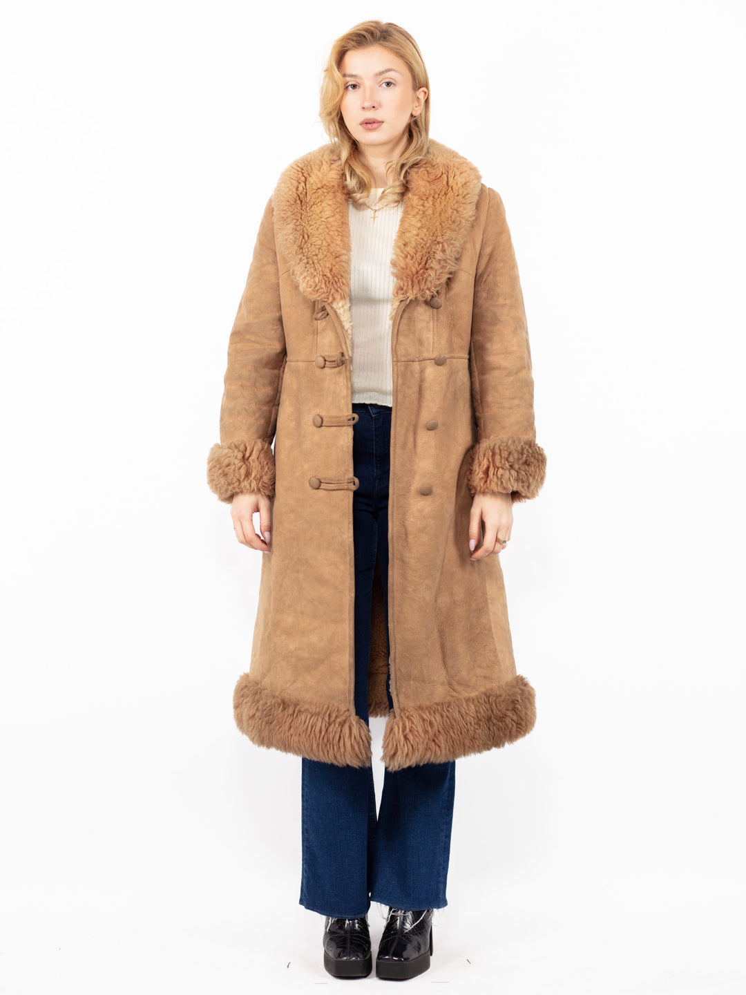 Vintage 70's Women Sheepskin Shearling Coat in Beige
