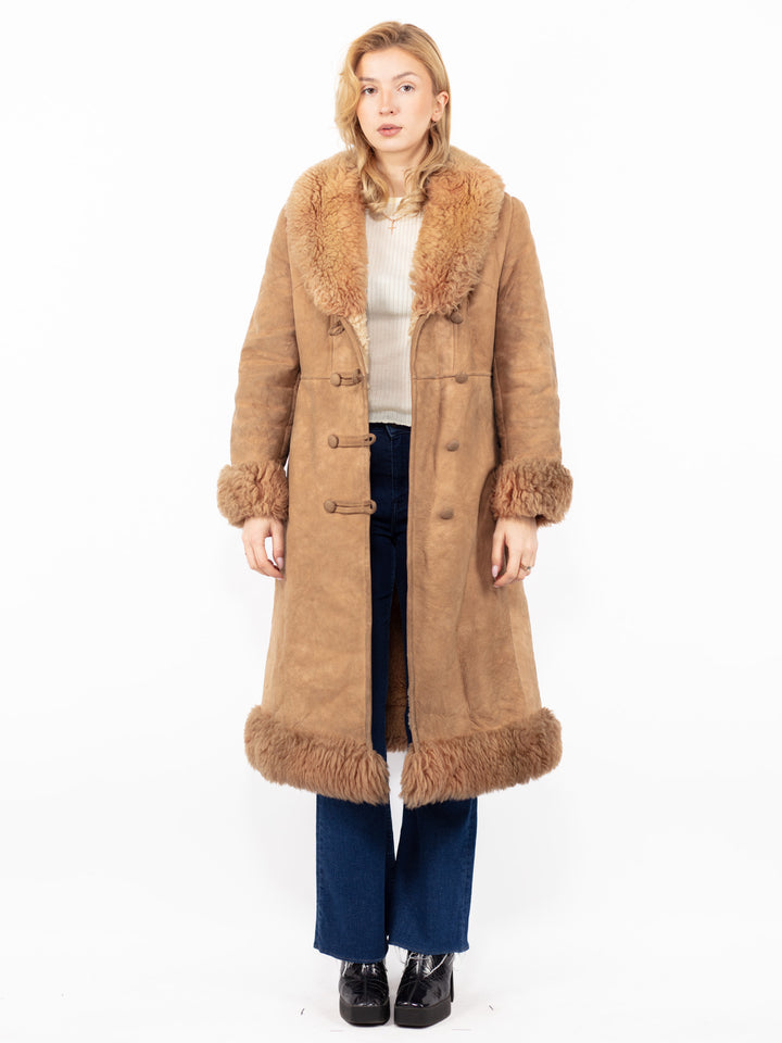 Vintage 70's Women Sheepskin Shearling Coat in Beige