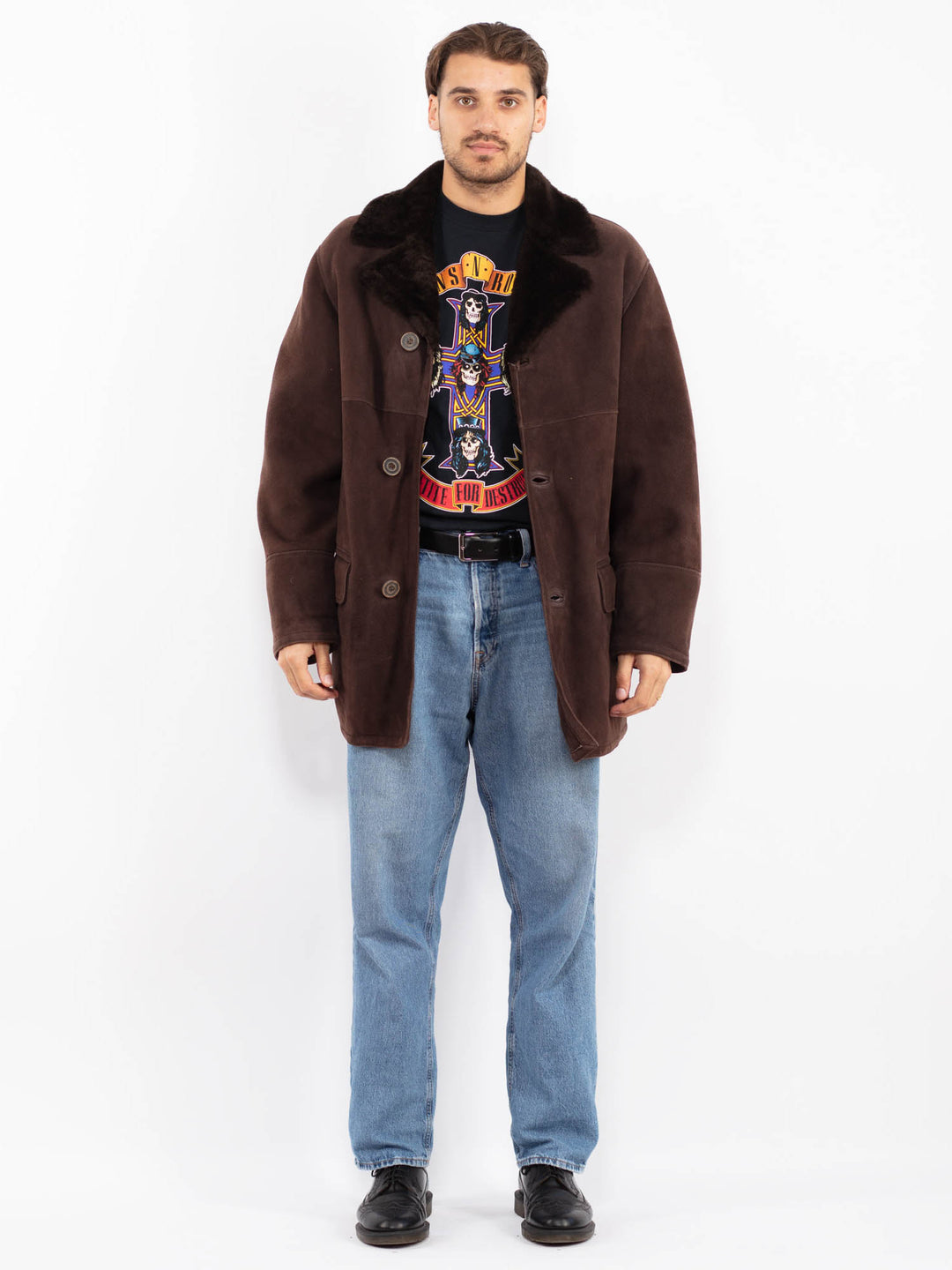 Vintage 70's Men Sheepskin Shearling Coat in Brown