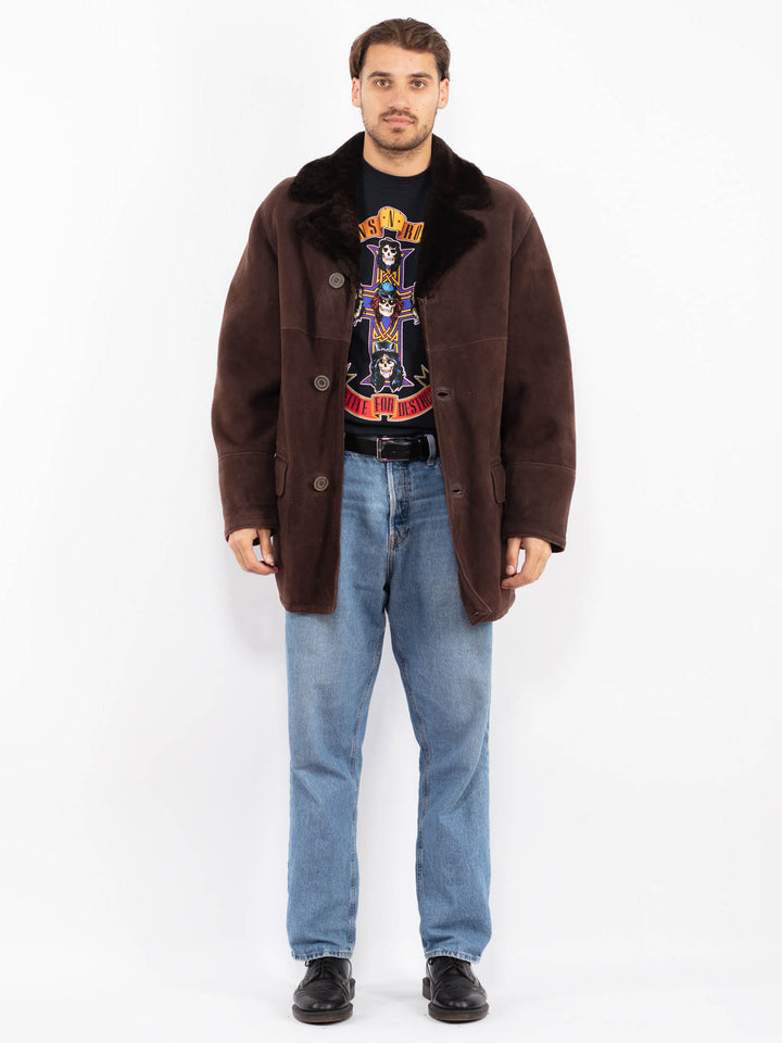 Vintage 70's Men Sheepskin Shearling Coat in Brown