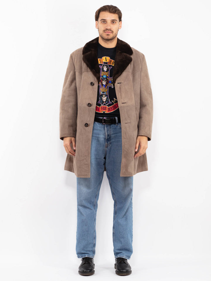 Vintage 70's Men Western Sheepskin Coat in Gray Beige