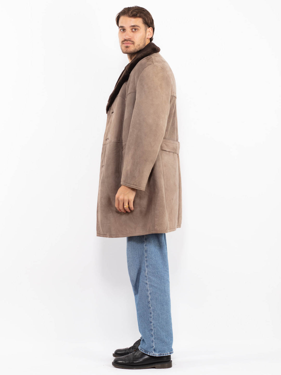 Vintage 70's Men Western Sheepskin Coat in Gray Beige