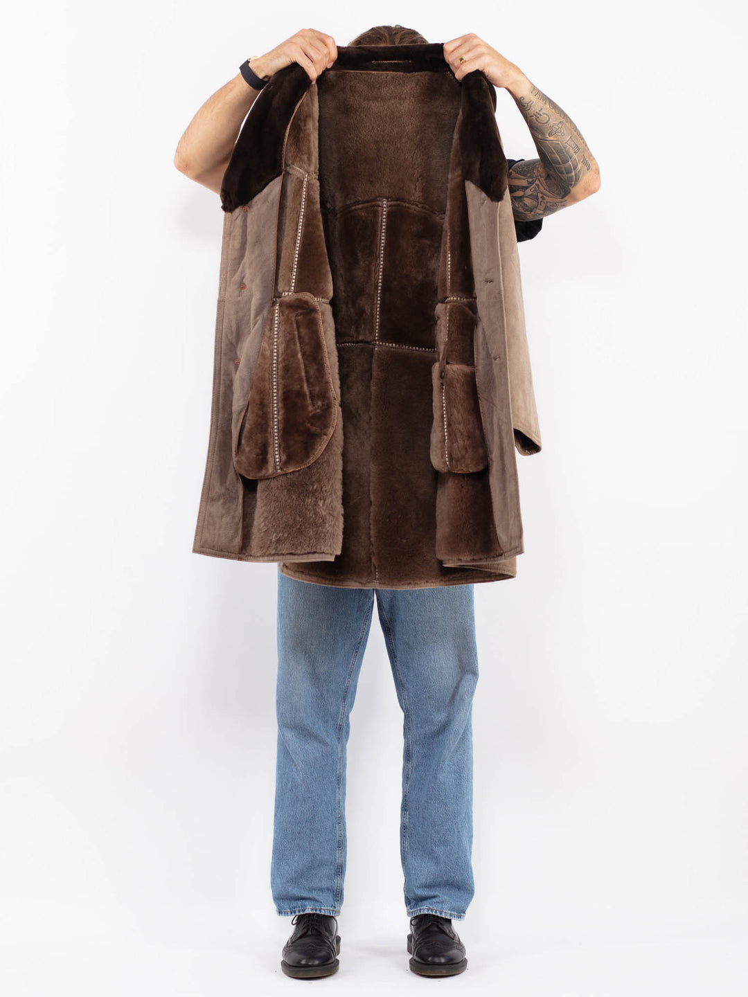 Vintage 70's Men Western Sheepskin Coat in Gray Beige