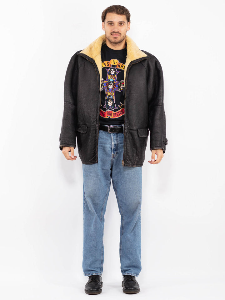 Vintage 70's Men Distressed Sheepskin Jacket in Black