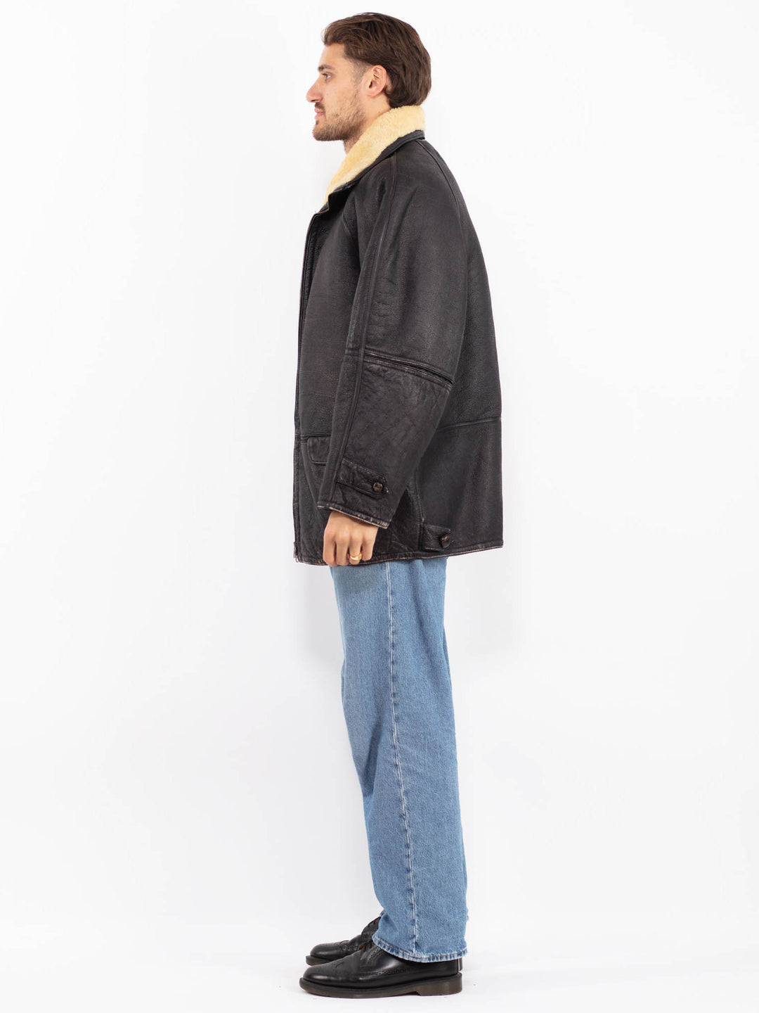 Vintage 70's Men Distressed Sheepskin Jacket in Black