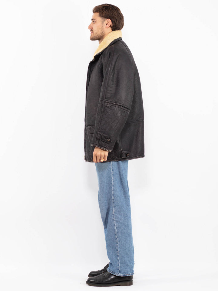 Vintage 70's Men Distressed Sheepskin Jacket in Black