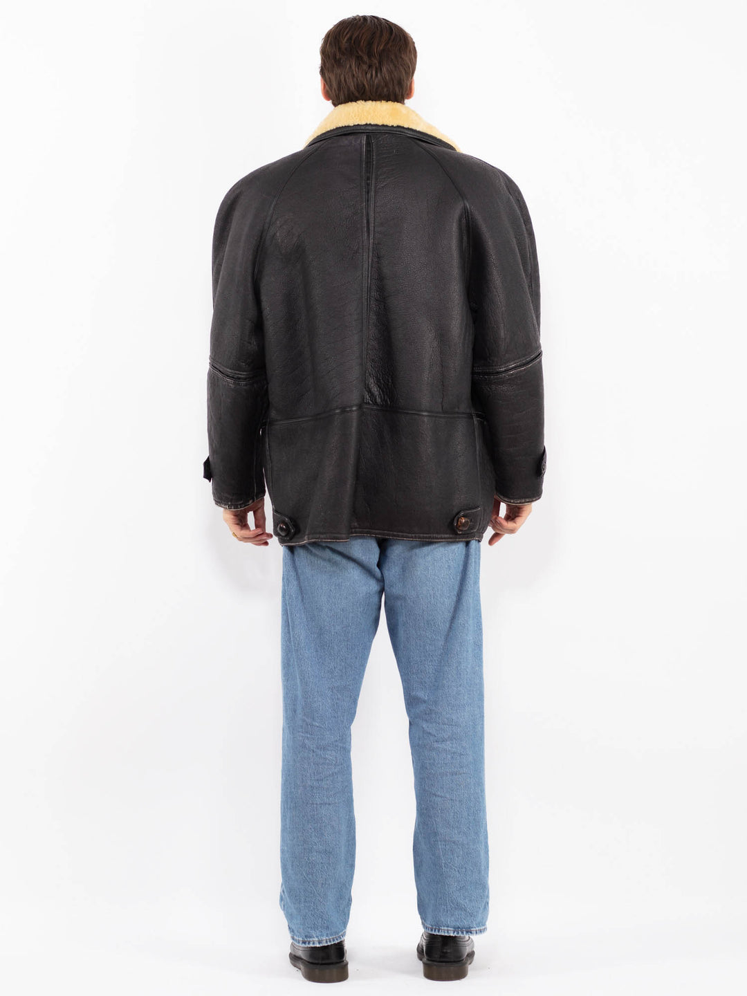 Vintage 70's Men Distressed Sheepskin Jacket in Black