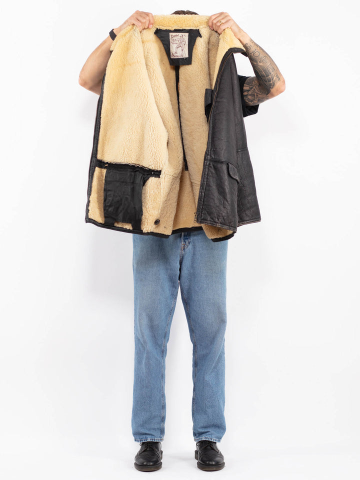 Vintage 70's Men Distressed Sheepskin Jacket in Black