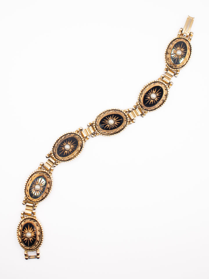 Vintage 60's Sphinx Victorian Revival Black Enamel Bracelet