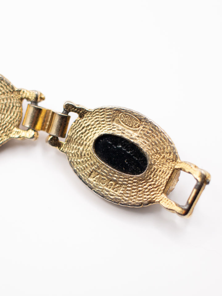 Vintage 60's Sphinx Victorian Revival Black Enamel Bracelet